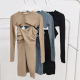 Women Dresses Hip Skirt V-neck Skirt with Shoulder Straps round Neck Long Sleeve T-shirt Hollow out Suit