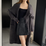Women Cardigan Sweater Lapel Tassel Thick Coat Autumn and Winter Loose-Fitting Long Sleeve Sweater W2360