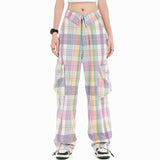 Women Pants Plaid Large Pocket Overalls Loose Wide Leg Casual Trousers