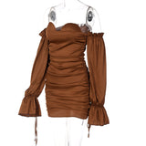 Women Dresses Autumn Winter Sexy off-the-Shoulder Lantern Sleeve Ruffle Hip Dress (Bla0420)
