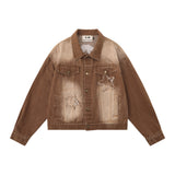 Women Jacket Five-Pointed Star Affixed Cloth Embroidered Washed White Denim Jacket