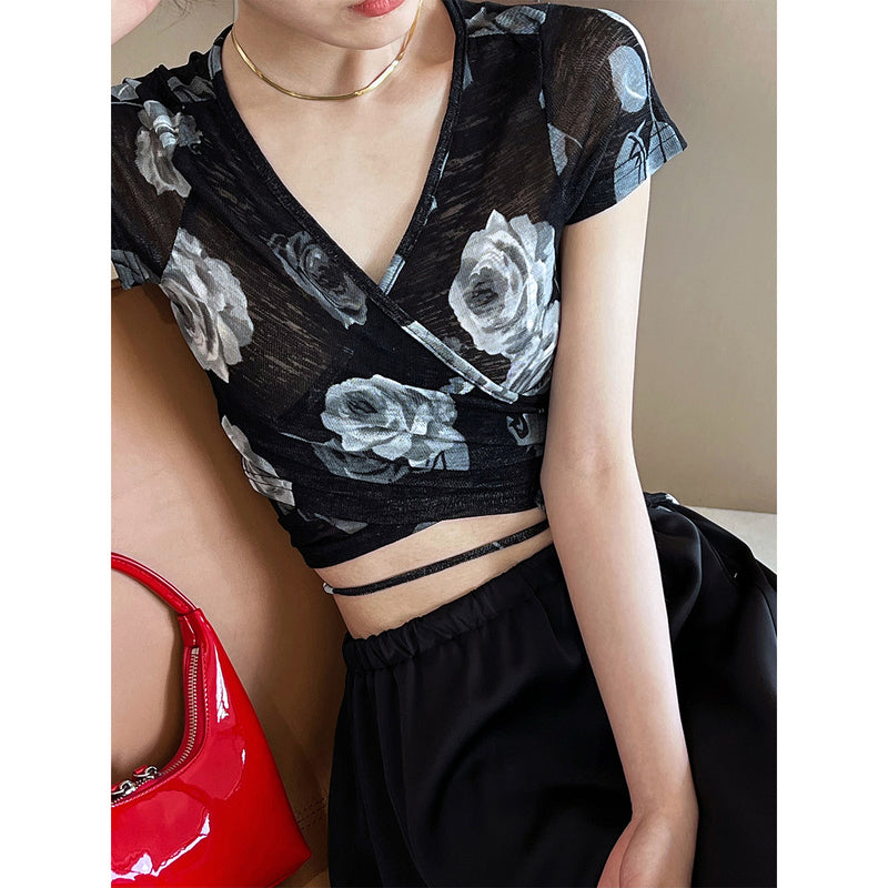 Women T Shirt Flower Print One Piece Strap Short Sleeve T-shirt Top Sun-Proof Shirt
