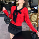Women Knitwear Autumn and Winter Bow Twist O-neck Short Sweaters Cardigan