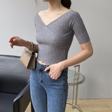 Women Knitted T-shirt V-neck Short-Sleeved Sweater Slim T-shirt