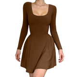 Women Dresses Long Sleeve U-Neck Dress Skirt