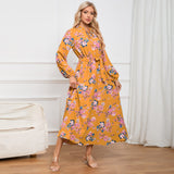 Women Date Dress Autumn Long Sleeve Lace Stand Collar Belt Long Dress