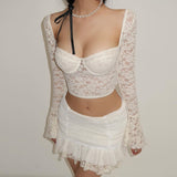 Women Co-Ord Set Lace Stitching Suit Bell Sleeve Short Skirt Two-Piece Set