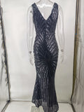 Women Evening Gown Sexy V-neck Vintage Party Sequins Dress