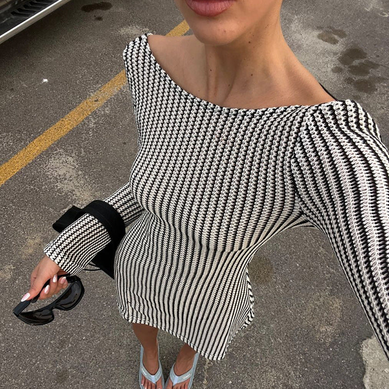 Women Dresses Striped Printed Sexy Style Hollow Backless Long Sleeve Slim Fit Dress