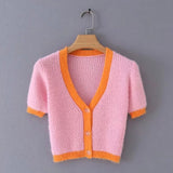 Women Sweater Knitwear Spring and Autumn V-neck Short Sleeve Slim Fit Single-Breasted Sweater