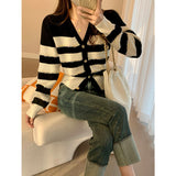 Women Knitwear Spring and Autumn V-neck Striped Tassel Sweater Slim-Fit Knitted Cardigan