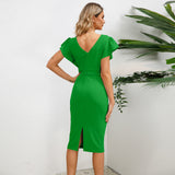 Women Date Dress round Neck Pleated Lace Dress