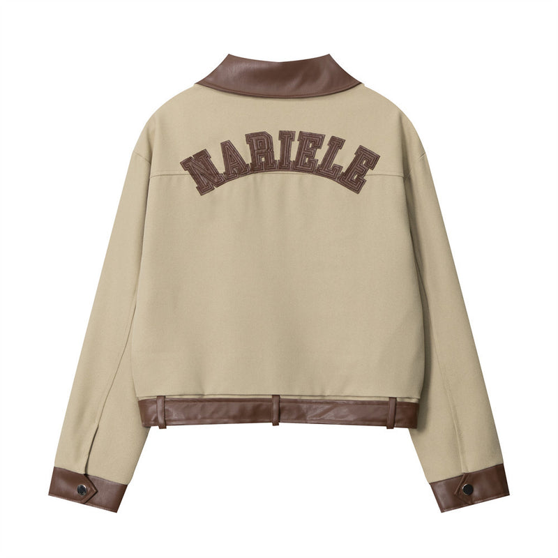 Women Jacket PU Leather Stitching Contrast Color Lapels Jacket