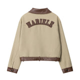 Women Jacket PU Leather Stitching Contrast Color Lapels Jacket