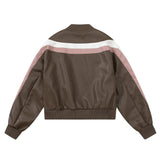 Women Jacket Color Contrast Patchwork Short PU Leather Jacket Stand Collar Biker's Leather Jacket