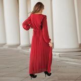 Women Date Dress Autumn and Winter V-neck Long Sleeve Pleated Dress