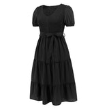 Women Date Dress V-neck Pleated Lace-up Dress