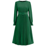 Women Date Dress Fall/Winter Slim Long Sleeve round Neck Pleated Long Dress