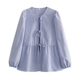 Women Tops Summer Puff Sleeve Bow Lace-up Shirt Mid-Length Top