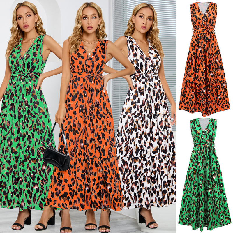 Women Date Dress Summer Leopard Print Maxi Dress