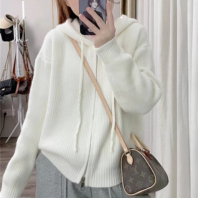 Women Knitted Cardigan Autumn and Winter Hooded Knit Cardigan Coat Loose Zip Long Sleeve Women