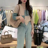 Women Knitted Cardigan for Spring and Autumn Retro Geometric Color Matching Knitted V-neck Single Breasted