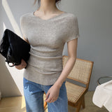 Women Knitted T-shirt Autumn Summer Sexy Slim Knit T-shirt