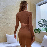 Women Dress Sexy Cutout round Neck Twist Knitted Long-Sleeved Dress