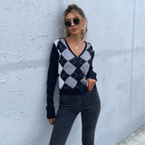 Women Knitted Sweater Autumn Long Sleeve Diamond Plaid V-neck Cardigan Knitted Sweater Coat