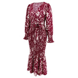 Women Date Dress Long Dress Leopard Print V-neck Belt Printed Fishtail Skirt