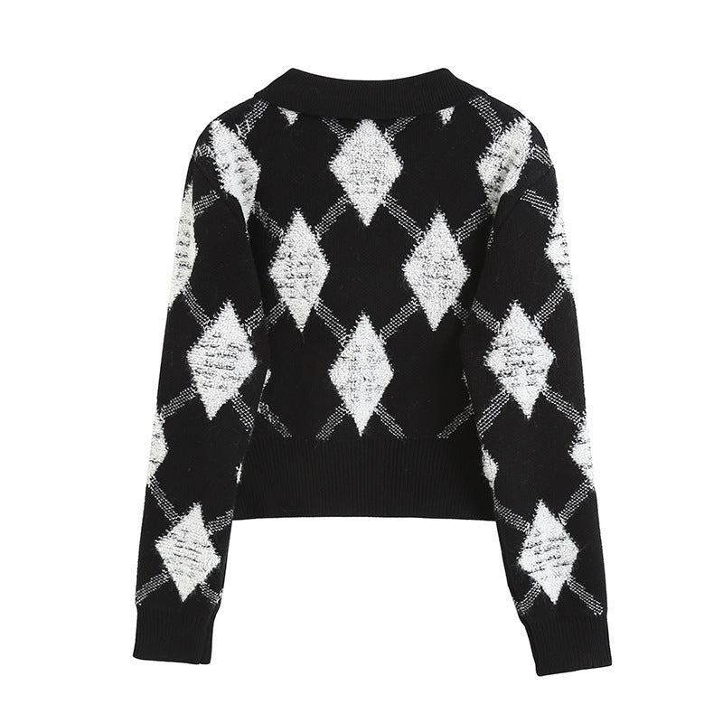 Women Sweater Knitwear Plaid Sweater Coat Top Retro Lapels Short Sweater