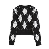 Women Sweater Knitwear Plaid Sweater Coat Top Retro Lapels Short Sweater