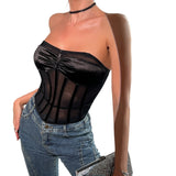 Women Party Tops Mesh Backless Pleated Rhombus Fishbone Top