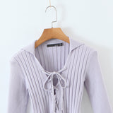 Women Sweater Knitwear Vintage Polo Lapel Lace-up Sweater Autumn Sexy Slim Long Sleeve Sweater