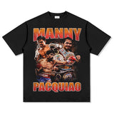 Mens Vintage Boxer T-Shirt Manny Pacquiao Pac Men Printed Short Sleeve T-Shirt Washed Top
