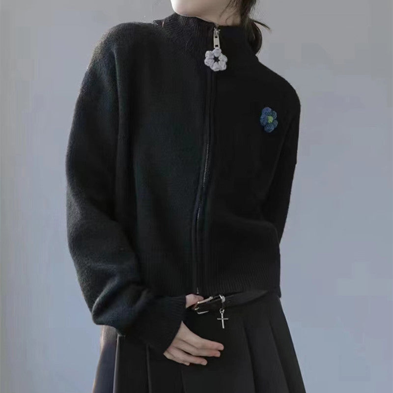 Women Knitwear Autumn and Winter Turtleneck Flower Sweater Loose Knitted Cardigan