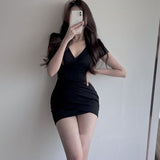 Women Dresses Purple V-Collar Short-Sleeved Sheath Dress Skirt