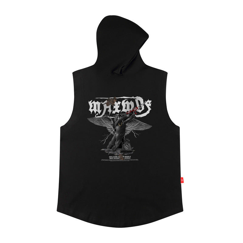 Men Vest Angel Print Men's Hooded Tank Top Sleeveless T-shirt
