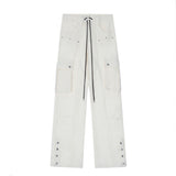 Men Sweatpants Multi-Pocket Cargo Pants Button Slit Straight Casual Trousers Loose