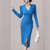 Women Maxi Dress Autumn and Winter V-neck Knitted Hip Skirt Midi Skirt