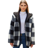 Women Trench Coat Autumn and Winter Loose Thermal Plaid Buckle-Free Cardigan Hooded Double-Sided Plush Coat