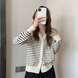 Women Knitwear Autumn and Winter Striped Hooded Sweater Loose Casual Knitted Cardigan