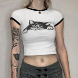 Women T-shirt Summer Cat Printing round Neck Midriff-Baring T-shirt