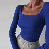 Women Knit Top Rib round-Neck Solid Color T-shirt Crop-Top Tight-Fitting Long Sleeve Short Top