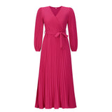 Women Date Dress V-neck Long Sleeve Pleated Dress