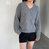 Women Winter Knitted Sweater V-neck Thick Sweater Autumn and Winter Loose-Fitting Long Sleeve Sweater H0001