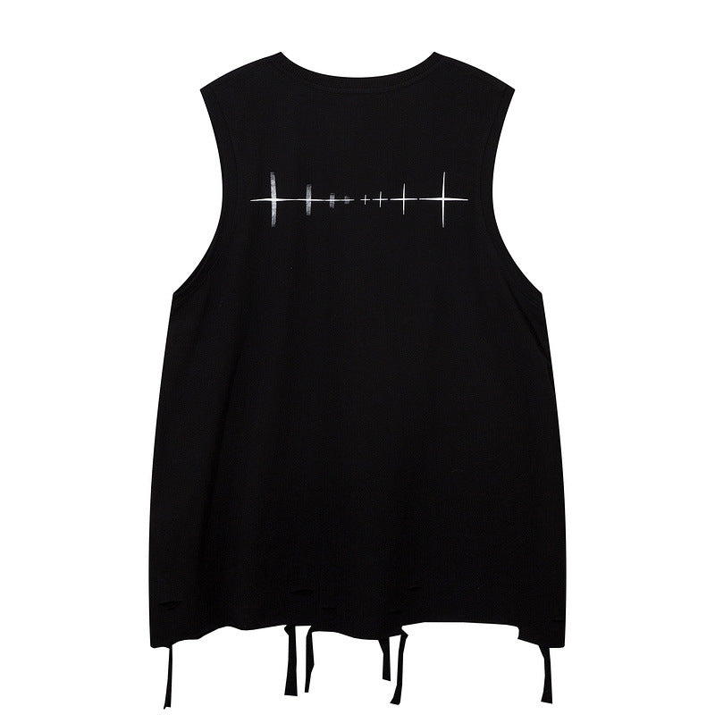 Men Vest Graffiti Hole Vest Men and Women Hip Hop Style Loose Sleeveless T-shirt