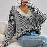 Women Knitted Sweater Autumn and Winter V-neck Loose Sweater Striped Pullover Sweater Top