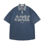 Men T Shirt Summer Embroidered Denim Lapel Polo Shirt