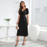 Women Date Dress Summer V-neck Puff Sleeve Lace-up Pleated Dress